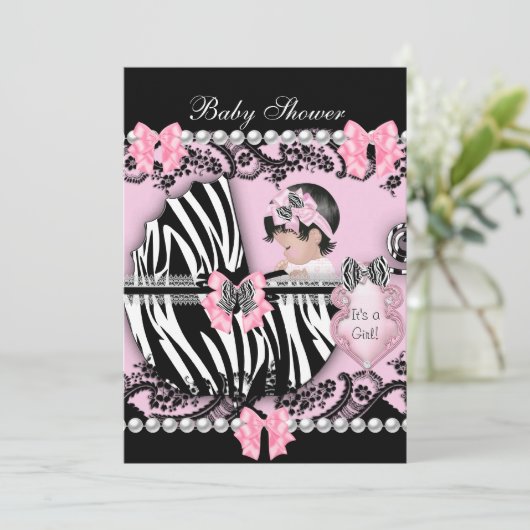 Babydusche Niedlich Baby Girl Pink Zebra Lace 2 Einladung (Stehend Vorderseite)