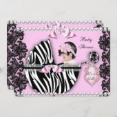 Babydusche Niedlich Baby Girl Pink Zebra Pram 2 Einladung (Vorne/Hinten)