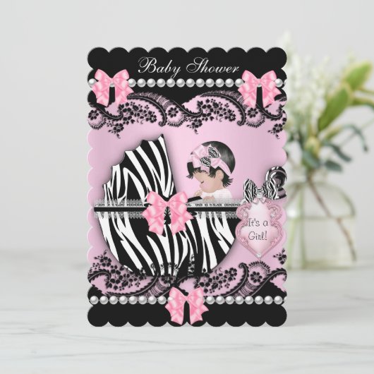 Babydusche Niedlich Baby Girl Pink Zebra Schnürsen Einladung (Stehend Vorderseite)