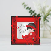 Babydusche Niedlich Baby Girl Red Blossom Schwarz- Einladung (Stehend Vorderseite)