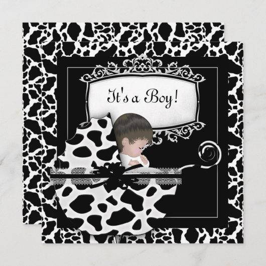 Babydusche Niedlich Baby Pram Kuh Schwarz-weiß Einladung (Vorne/Hinten)