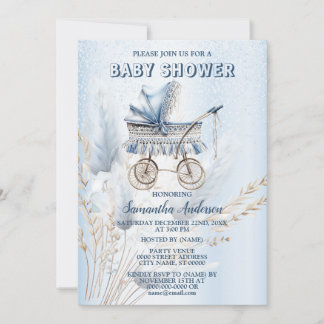 Babydusche Niedlich Classic Roller Blue Floral Einladung
