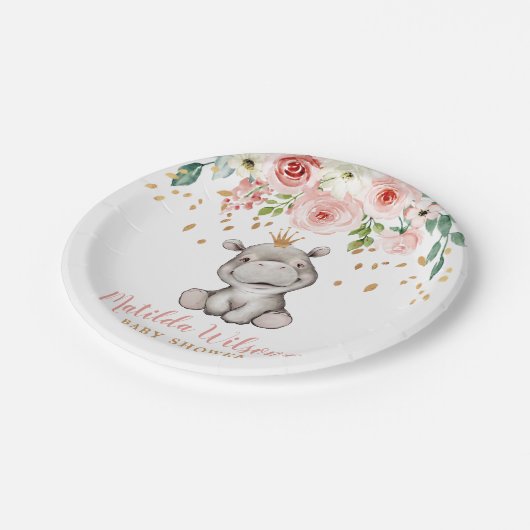 Babydusche Niedlich Hippo Papierplatte Pappteller (Schrägansicht)