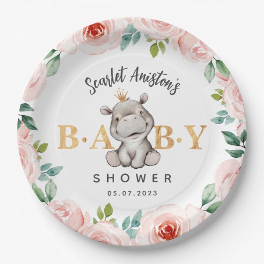 Babydusche Niedlich Hippopotamus Pappteller (Vorderseite)