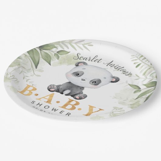 Babydusche Niedlich Panda Eucalipt Greenery Pappteller (Schrägansicht)