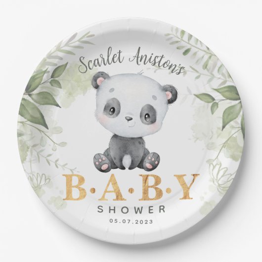 Babydusche Niedlich Panda Eucalipt Greenery Pappteller (Vorderseite)