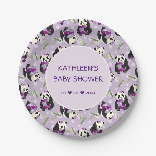 Babydusche Niedlich Panda Pale Lilac Muster Pappteller (Vorderseite)