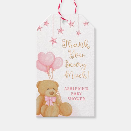 Babydusche Niedlich Teddy Bear Pink Balloons Stars Geschenkanhänger (Vorderseite)