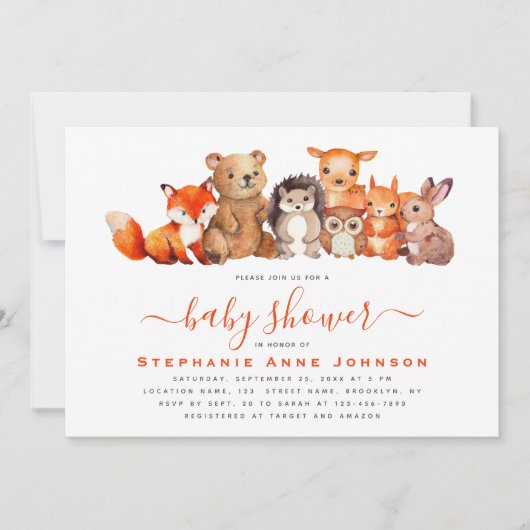 Babydusche Niedliche Waldtiere Aquarellrot Einladung (Vorderseite)