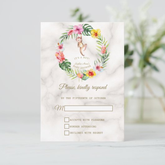 Babydusche niedlicher Affen Tropical Floral Boy RSVP Karte (Stehend Vorderseite)