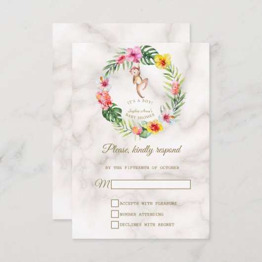 Babydusche niedlicher Affen Tropical Floral Boy RSVP Karte (Vorne/Hinten)