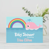 Babydusche - Niedlicher Pinkwal mit Regenbogen Einladung (Stehend Vorderseite)