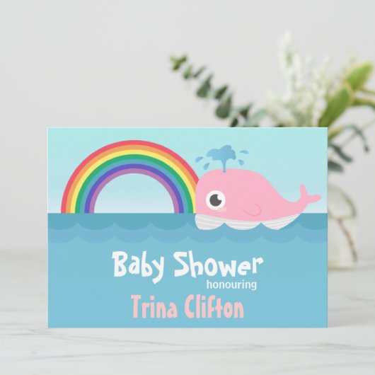 Babydusche - Niedlicher Pinkwal mit Regenbogen Einladung (Stehend Vorderseite)