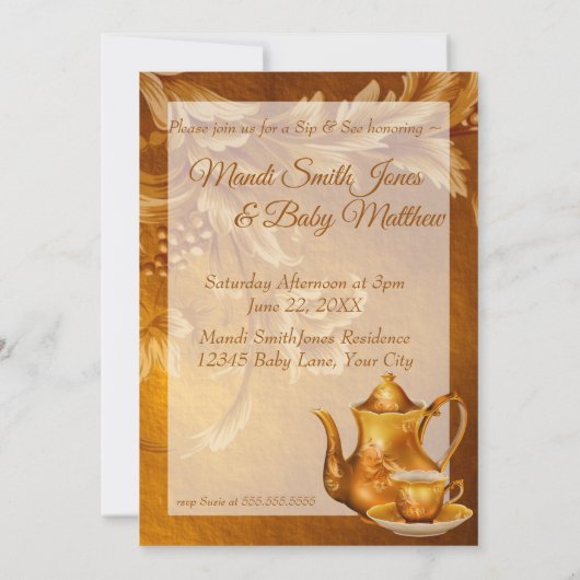 Babydusche Nostalgisches Gold Tee Party Einladung (Rückseite)