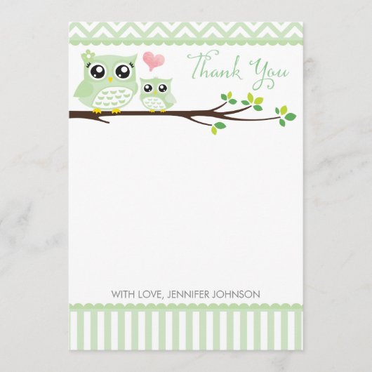 Babydusche Owl Danke Karte | Zickzack grün (Vorderseite)