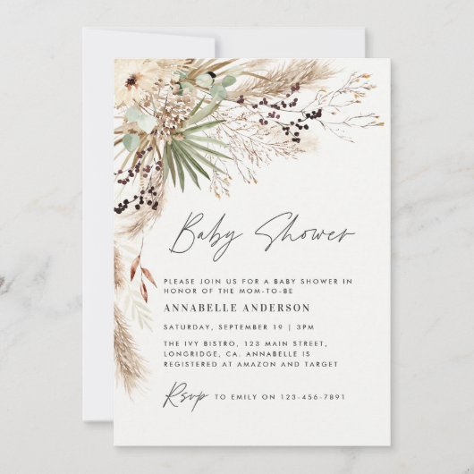 Babydusche Pampas Gras modern, elegant und natürli Einladung (Vorderseite)