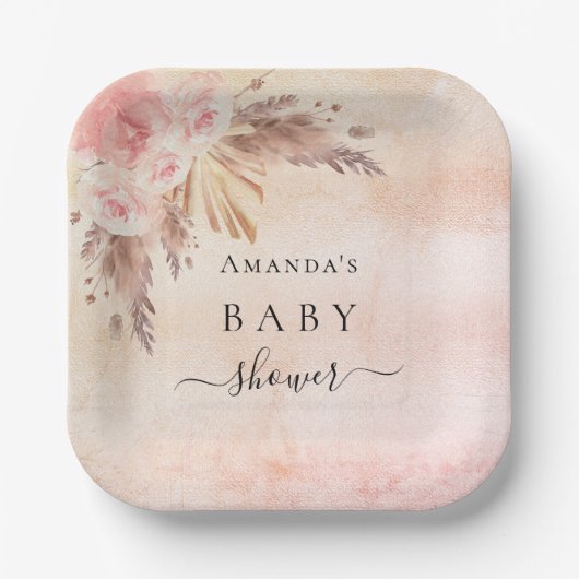 Babydusche Pampas Gras Rose Goldflorchen Pappteller (Vorderseite)