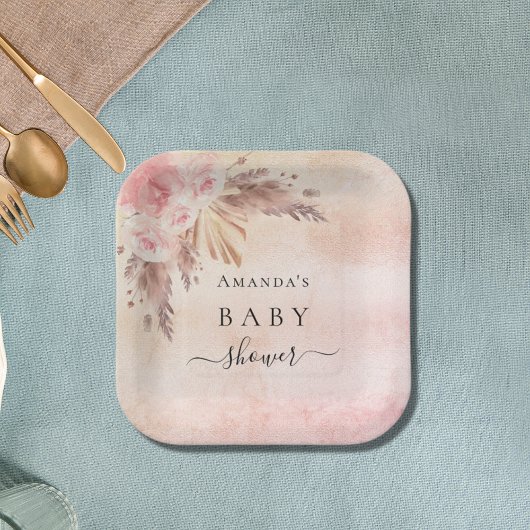 Babydusche Pampas Gras Rose Goldflorchen Pappteller