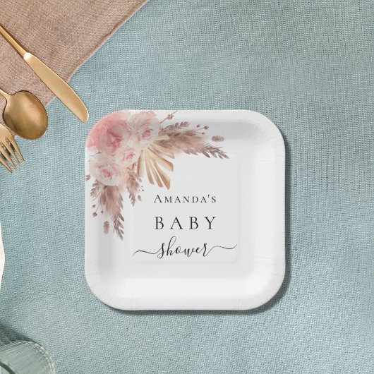 Babydusche Pampas Gras Rose Goldflorchen weiß Pappteller