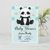 Babydusche Panda Sitting und Blue Polka Dots Einladung (Stehend Vorderseite)
