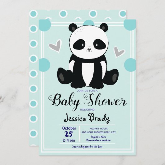 Babydusche Panda Sitting und Blue Polka Dots Einladung (Vorne/Hinten)