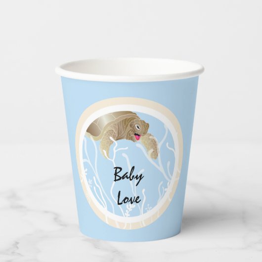 Babydusche Papiertüten "Turtle Tan/Blue" 8 oz. Pappbecher (Vorderseite)