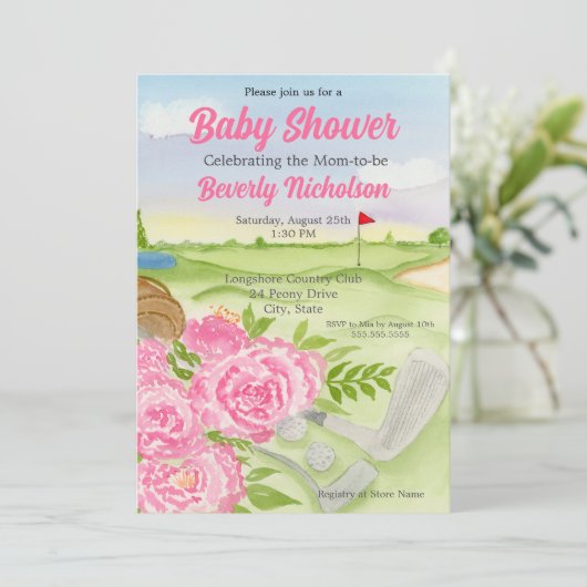 Babydusche Party Peonies auf Golfplatz Einladung (Stehend Vorderseite)