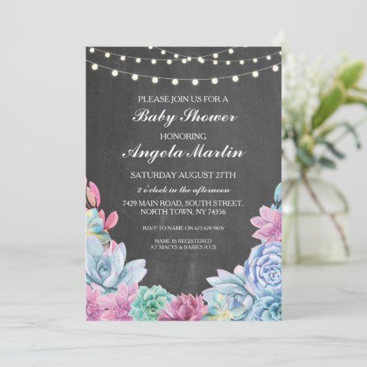 Babydusche Party Succulents Floral Chalk Einladung (Stehend Vorderseite)