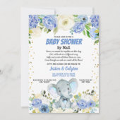 Babydusche per E-Mail Blaue Elefant Rose Blume Einladung (Vorderseite)