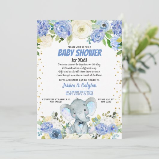 Babydusche per E-Mail Blaue Elefant Rose Blume Einladung (Stehend Vorderseite)