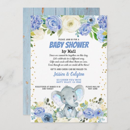 Babydusche per E-Mail Blaue Elefant Rose Blume Einladung (Vorne/Hinten)