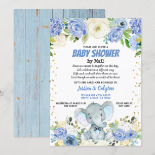 Babydusche per E-Mail Blaue Elefant Rose Blume Einladung