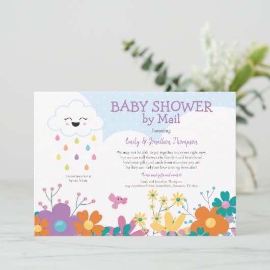 Babydusche per Mail Cloud Raindrops Florals Einladung (Stehend Vorderseite)