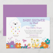 Babydusche per Mail Cloud Raindrops Florals Einladung (Vorne/Hinten)