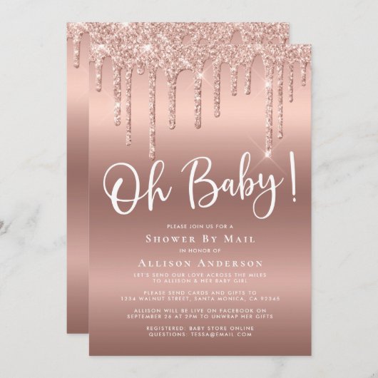 Babydusche per Mail Glitzer Tropfen Rose Gold Einladung (Vorne/Hinten)