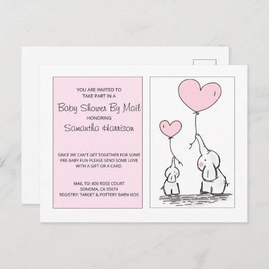 Babydusche per Mail Mama Babyelefone rosa Einladungspostkarte (Vorne/Hinten)