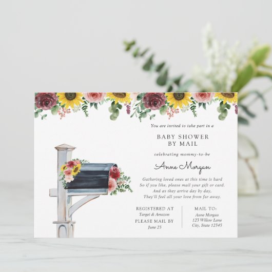 Babydusche per Mail Rose und Sonnenblumen in der M Einladung (Stehend Vorderseite)