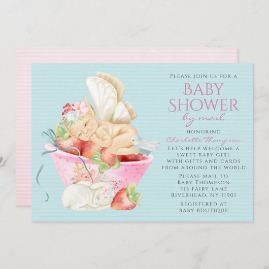 Babydusche per Mail Wasserfarbe Mädchen Kaninchen Einladung (Vorne/Hinten)