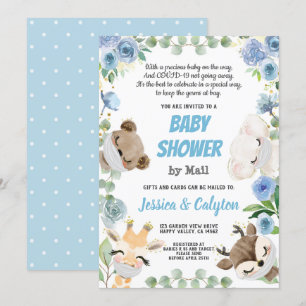 Babydusche per Mail Woodland Animal Blue Rose Einladung