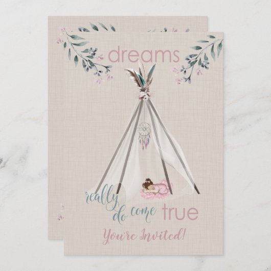 Babydusche Pink Boho Tipi DreamCatcher Einladung (Vorne/Hinten)
