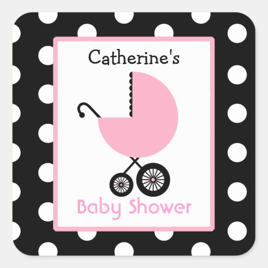 Babydusche Pink Carriage & Polka Dots Quadratischer Aufkleber (Vorderseite)