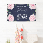Babydusche Pink Peony Navy Blauer Empfang Banner (Insitu)