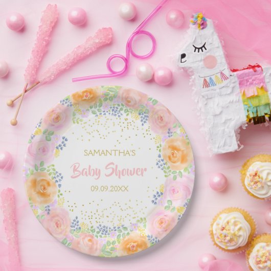 Babydusche Pink Roses Aquarell Floral Girly Pappteller (Party)