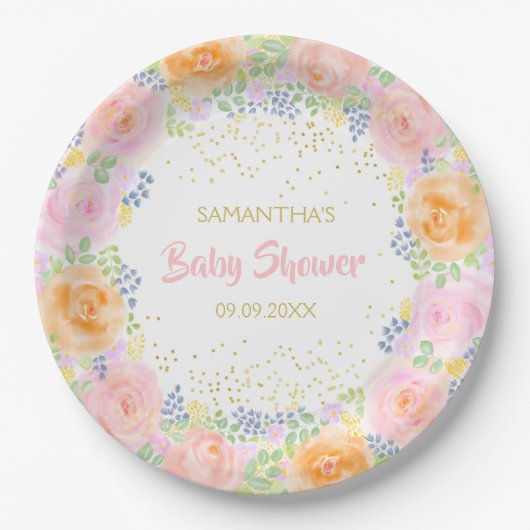 Babydusche Pink Roses Aquarell Floral Girly Pappteller (Vorderseite)