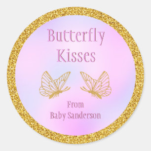 Babydusche Pink und Gold Whimsical Butterfly Runder Aufkleber