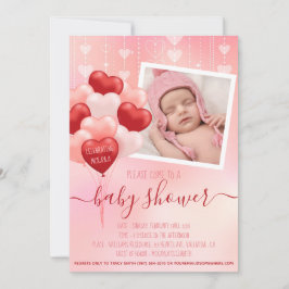 Babydusche Pink Valentine Hearts Balloons Foto Einladung