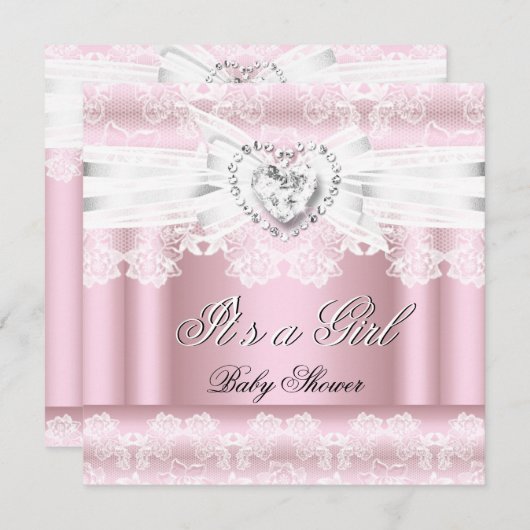 Babydusche Pink White Lace Bow Diamonds Bilder Einladung (Vorne/Hinten)