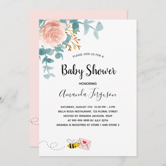 Babydusche pinkfarbene Blumengrün niedlich Mama to Einladung (Vorne/Hinten)