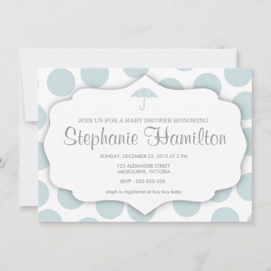 Babydusche Polka Punkte Regenschirm blau Einladung (Vorderseite)