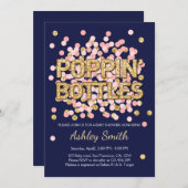 Babydusche Poppin Flaschen Confetti Navy Rosa Einladung (Vorne/Hinten)